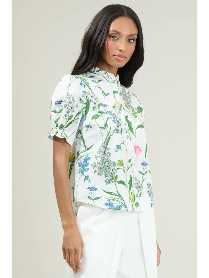 WHT PINK GREEN Clove Garden Floral Puff Sleeve Top for wholesale on Faire