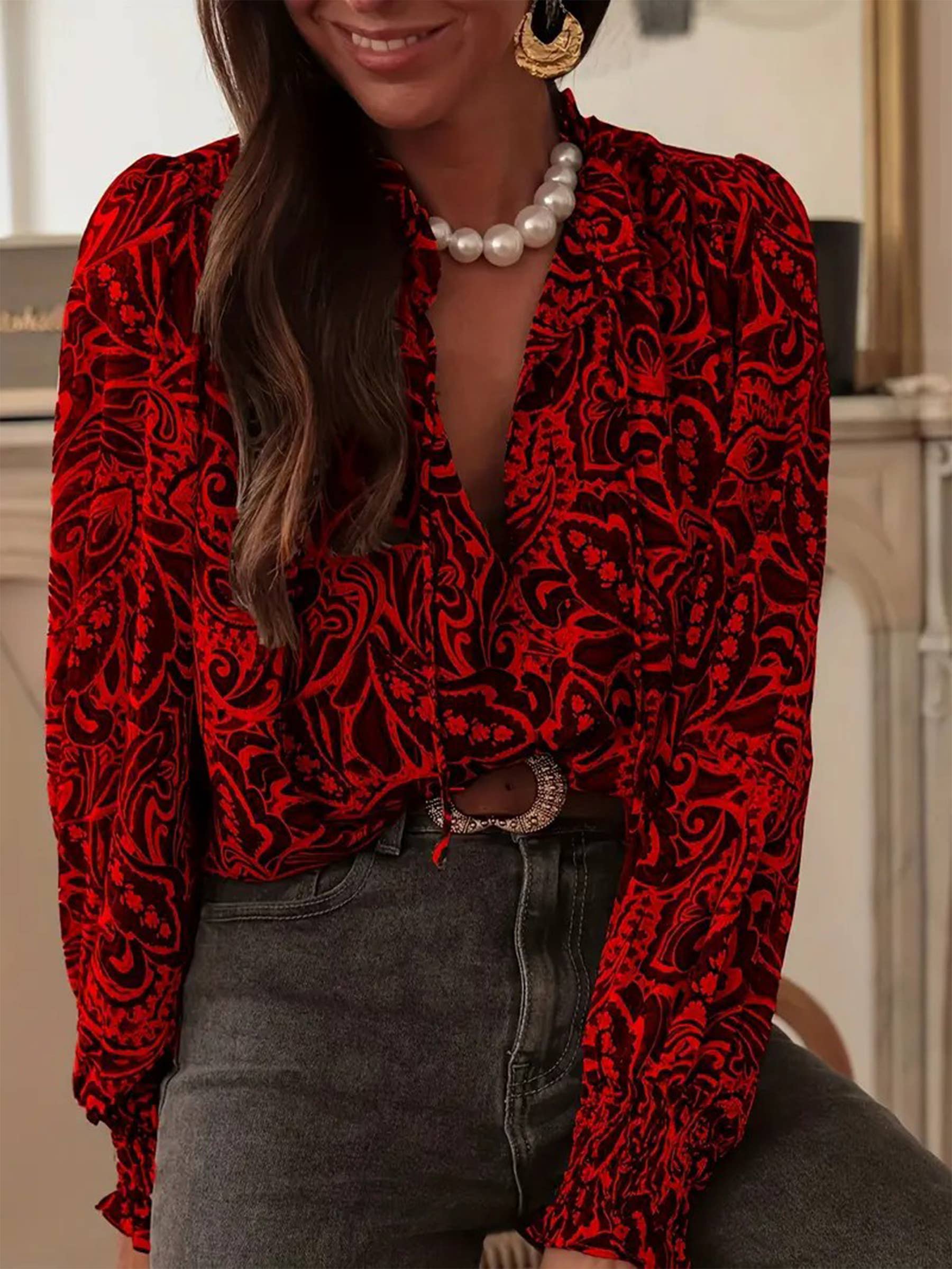 Wholesalesir - Wholesale Button Down Shirt - Women's - Printed Long Sleeved Loose Shirt2