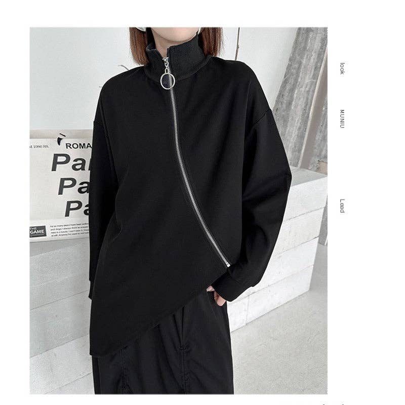 SCHWARZ Unifarbener High-Neck-Reißverschluss Unregelmäßiges T-Shirt-Top für den Großhandel auf Faire6