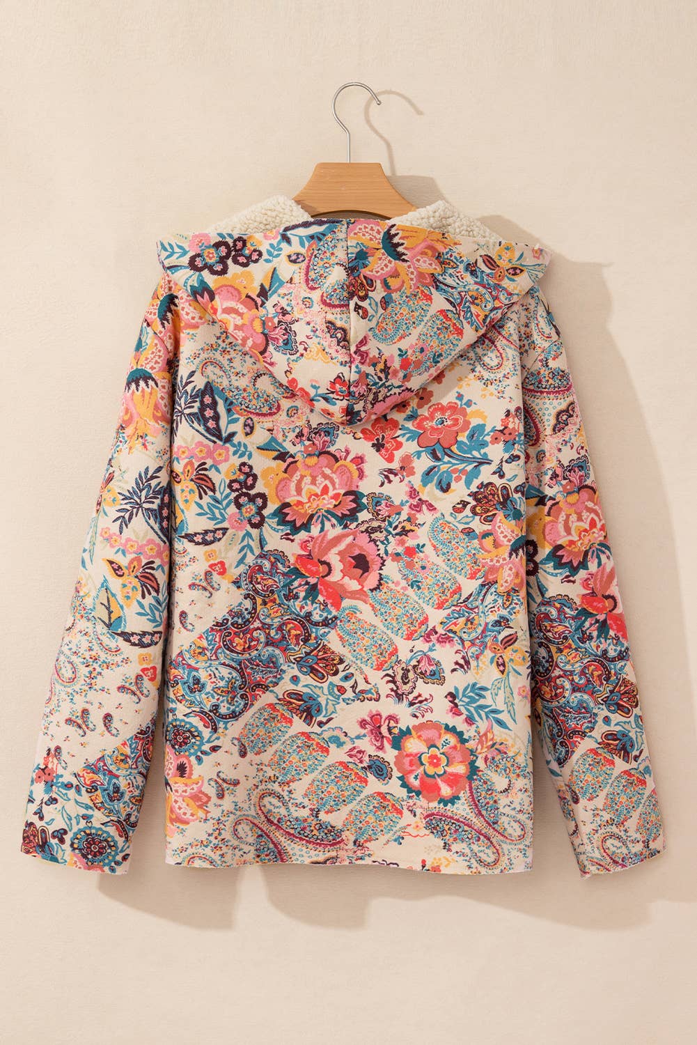 As shown Paisley Floral Print Sherpa Lined Hooded Jacket | S-XL for wholesale on Faire11