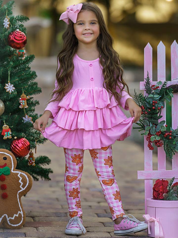 Rosa Set tunica e leggings con volant a strati con biscotti natalizi in vendita all'ingrosso su Faire5