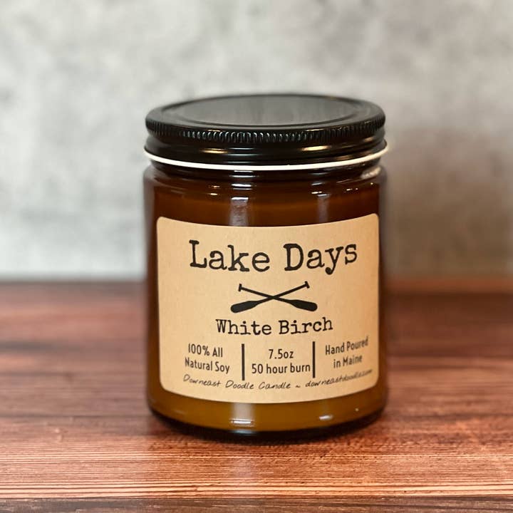 LAKE DAYS amber natural soy candle for wholesale by Downeast Doodle Candle Company, LLC