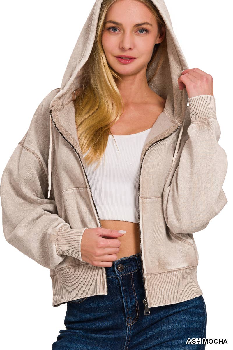 42POPS - Vente Sweat à capuche – femme - ..SI-25313 Sweat à capuche zippé court en molleton délavé à l'acide17