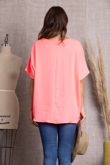HOT PINK SOLID V-NECK SHORT SLEEVE LOOSE FIT TUNIC TOP-ST114 for wholesale on Faire4