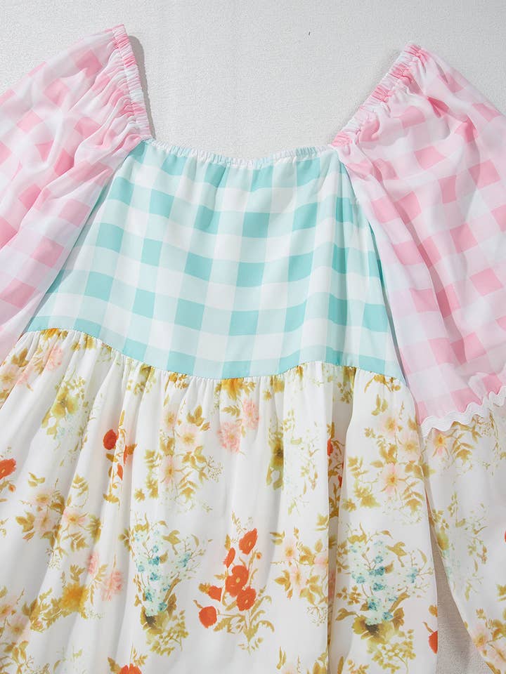 Rose Robe rose à manches bulles en patchwork à carreaux Ric Rac en vente sur Faire6