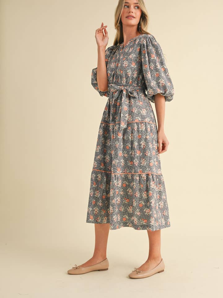 &MERCI - Wholesale Dress - Women's - BUBBLE SLEEVE LACE TRIM MIDI DRESS MDR343035