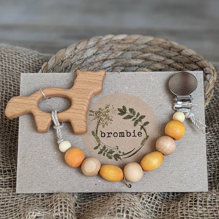 Brombie - Wholesale Pacifier Clip - Baby - Plant-based dyed wood bead pacifier clip with wood teether2