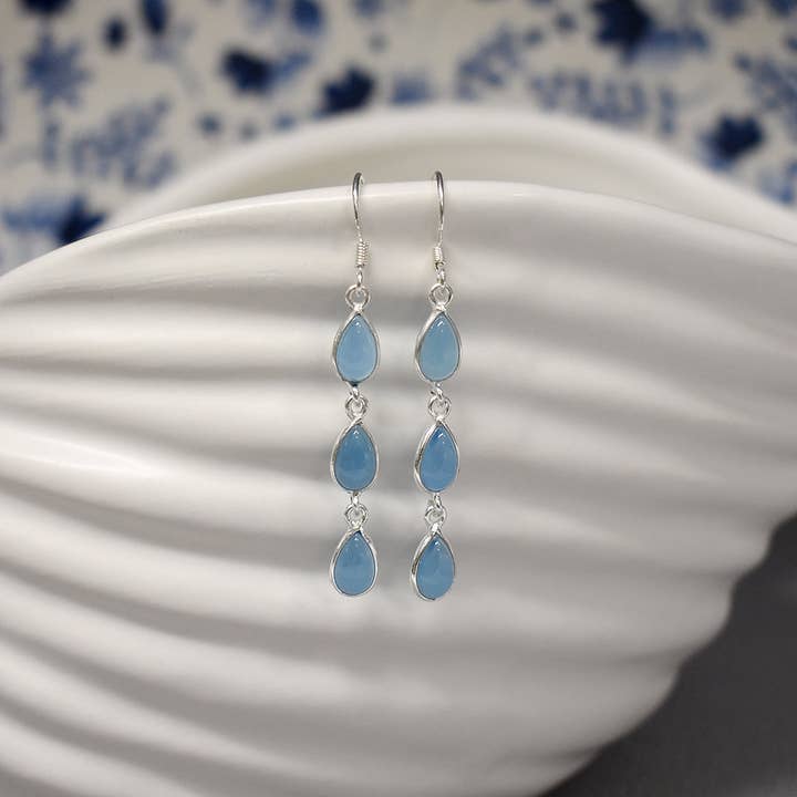 Bridget triple teardrop blue chalcedony earrings for wholesale by Kali Ma Designs - Sterling Silver Jewellery