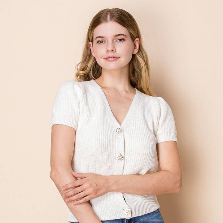 T10690 Cardigan de Malha Sólido de Manga Curta por atacado de White Birch