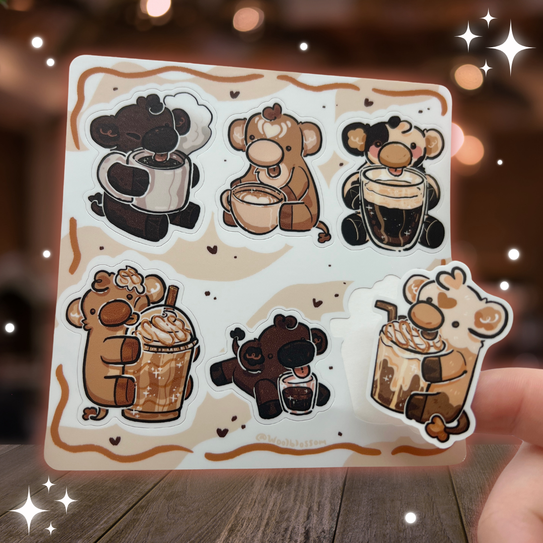 Woolblossom - Wholesale Sticker - Coffee Cows ~ Sticker Sheet1