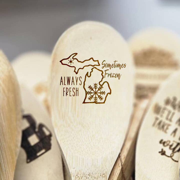 Always Fresh Sometimes Frozen Michigan Bamboo Wooden Spoon for wholesale by Kennebug LLC