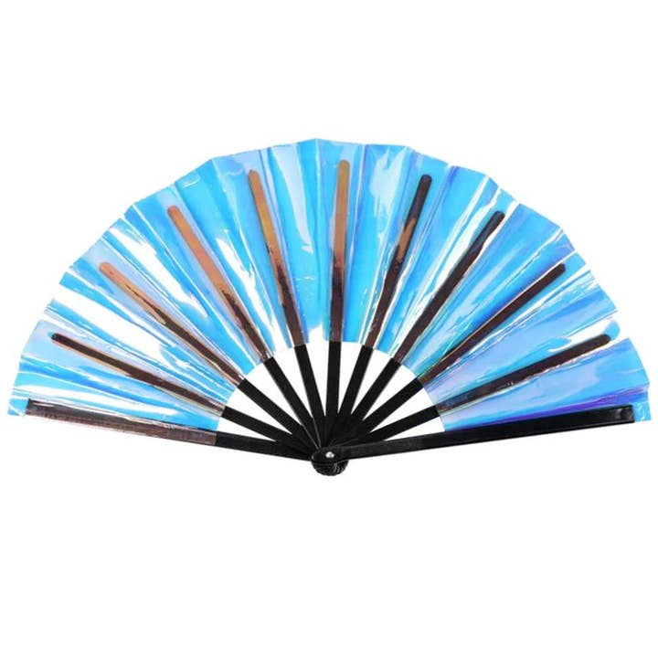 Esoteric London – wholesale Handheld folding fan – Iridescent Giant Hand Fan With Black Bamboo Handle1