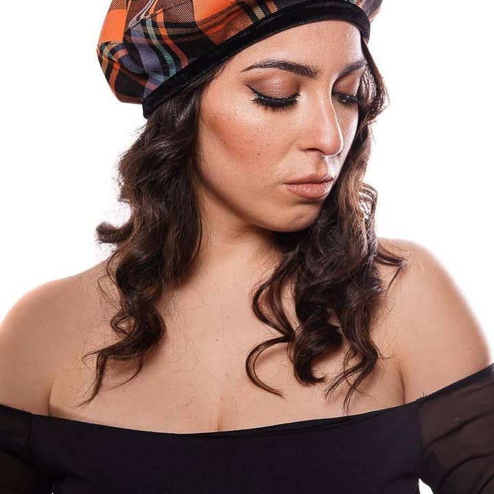 Tétè Handmade Accessories – wholesale Fashion headband – women's – Tartan wool beret orange/black/light blue variant