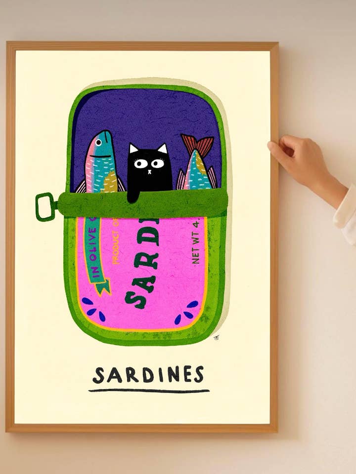 Sardines Print: Black Cat Illustration for wholesale by The Paper Tail