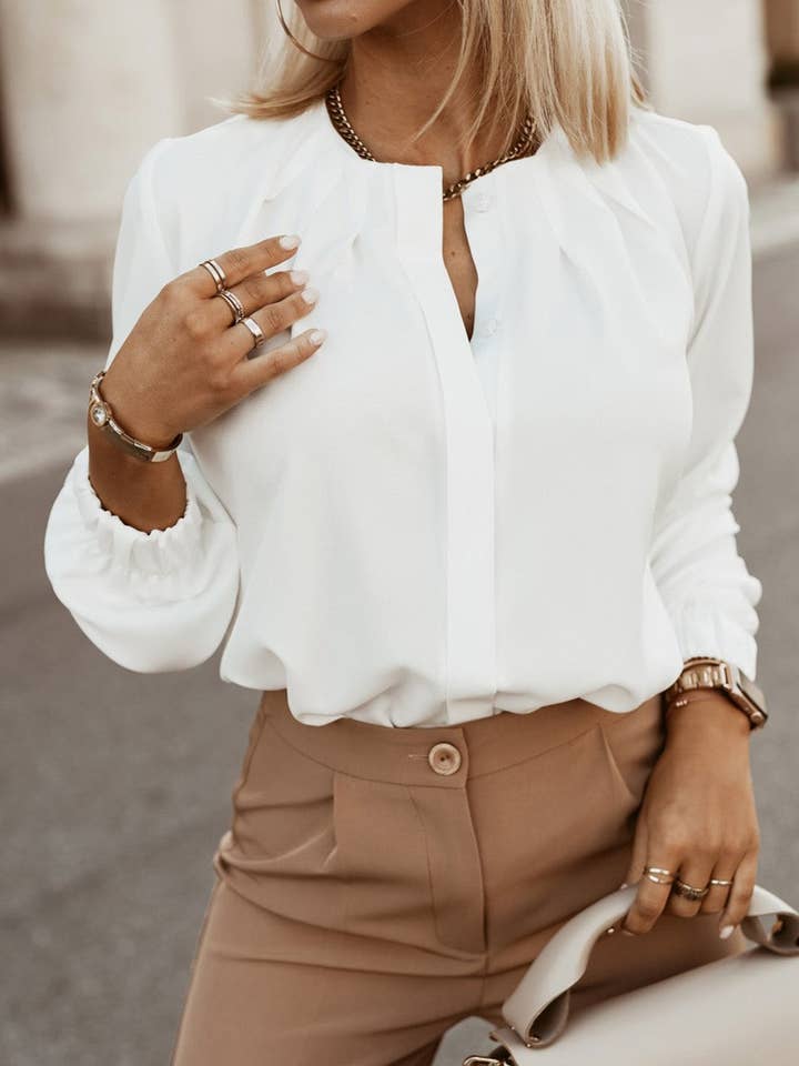 FULL TIME PURCHASE - Wholesale Blouse - Women's - Crew Neck Gathered Stretch Cuff Shirt