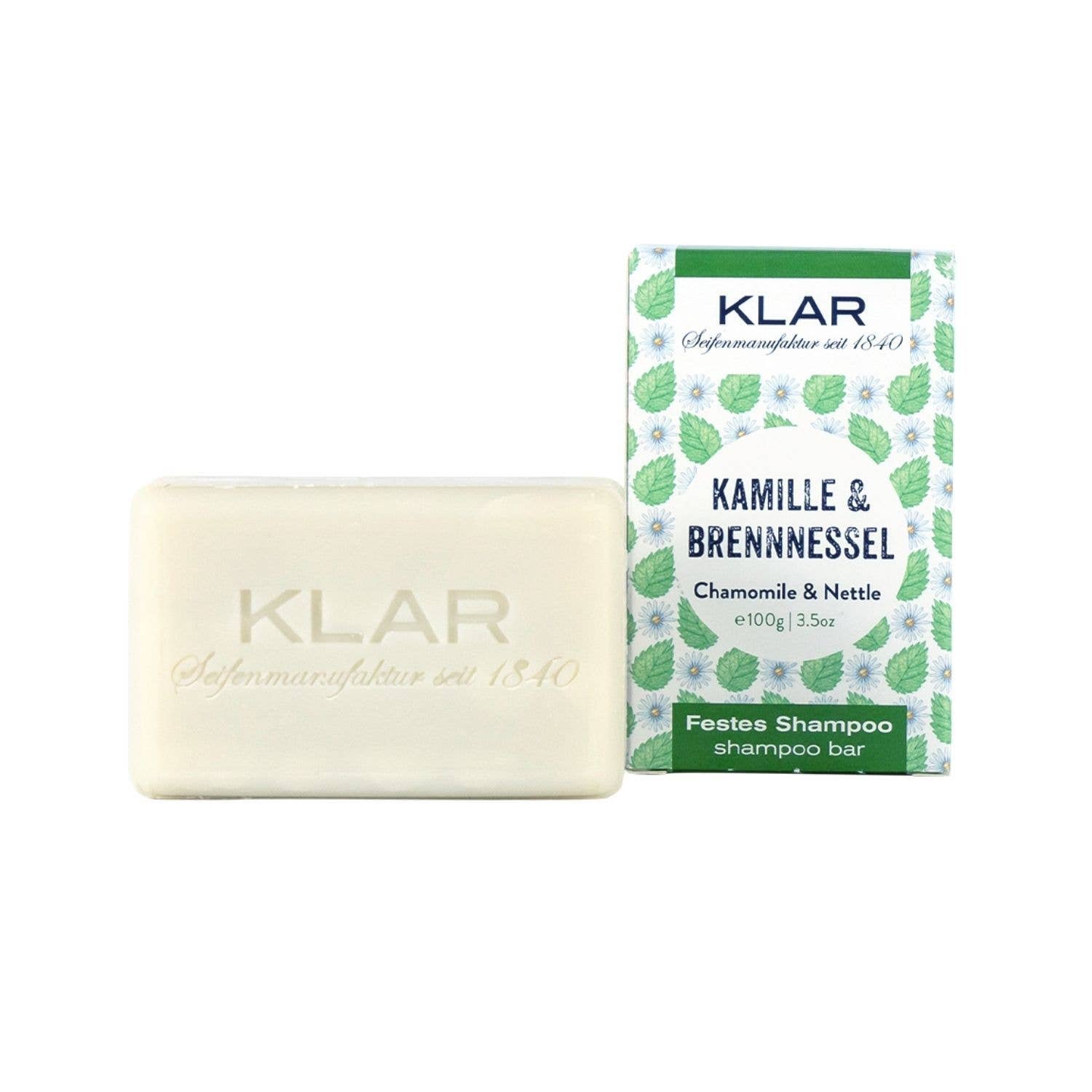 Klar Seifen – wholesale Schampopuck/Schampo i fast form – Shampoo Bar kamomill & nässlor för envis hår, 3,5 oz1