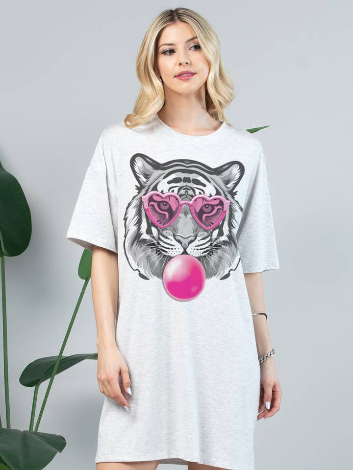Av1202-6115-Tania Tiger Bubble Gum Print T-Shirt-Kleid für den Großhandel von Nylon Apparel