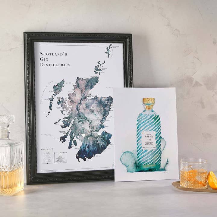 Golden Scotland Gin Distillery Watercolour Map Art Print for wholesale by EJayDesign