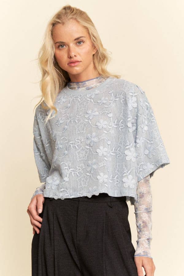 Blue FLORAL RUFFLE SHORT SLEEVE BABYDOLL MESH TOP for wholesale on Faire1
