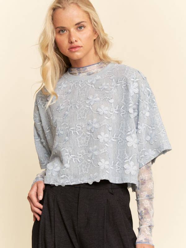 Blue FLORAL RUFFLE SHORT SLEEVE BABYDOLL MESH TOP for wholesale on Faire1