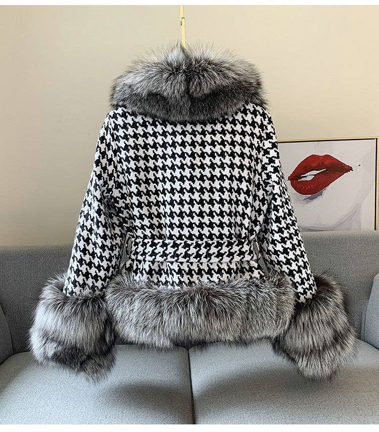 Productseeker – Casaco de pele/imitação de pele - Mulher por atacado – JK101Y Chic Houndstooth Casaco de Pele Faux - Curto e Estiloso2