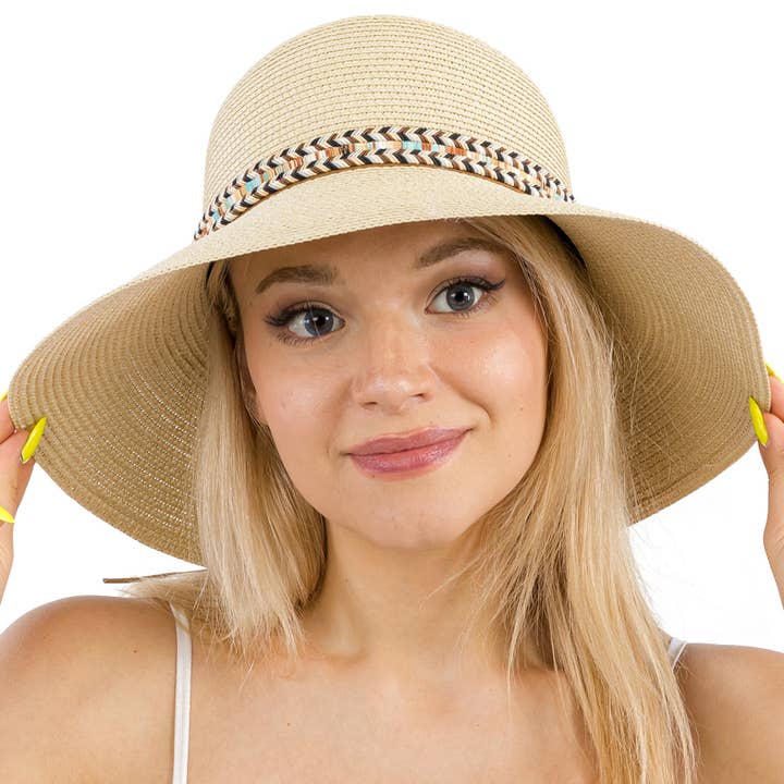 Cap Zone - Wholesale Straw Hat - Women's - Tribal Band Dome Brim Straw Derby Sun Hat9