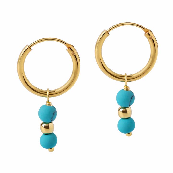 Vergulde Hoepeloorbellen dubbele turkooise steen voor wholesale door Juulry