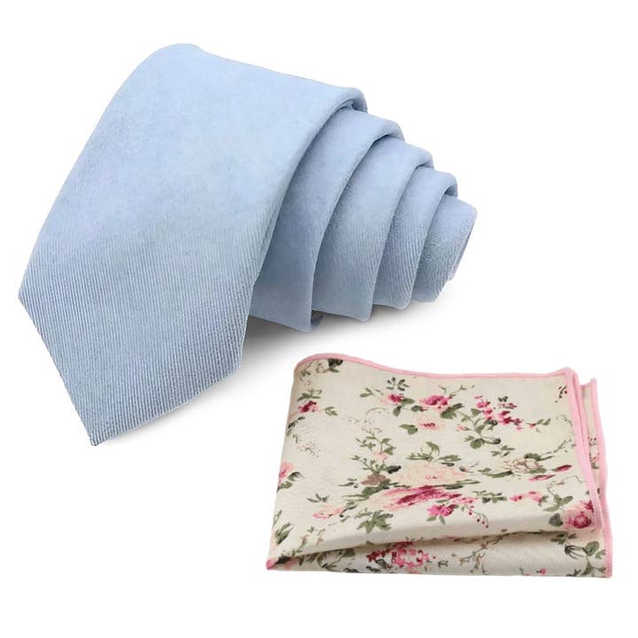 Benedict Soft Blue Cotton Blend Tie and Olivia Cream Floral Pocket Square Set for wholesale by Dickie Bow