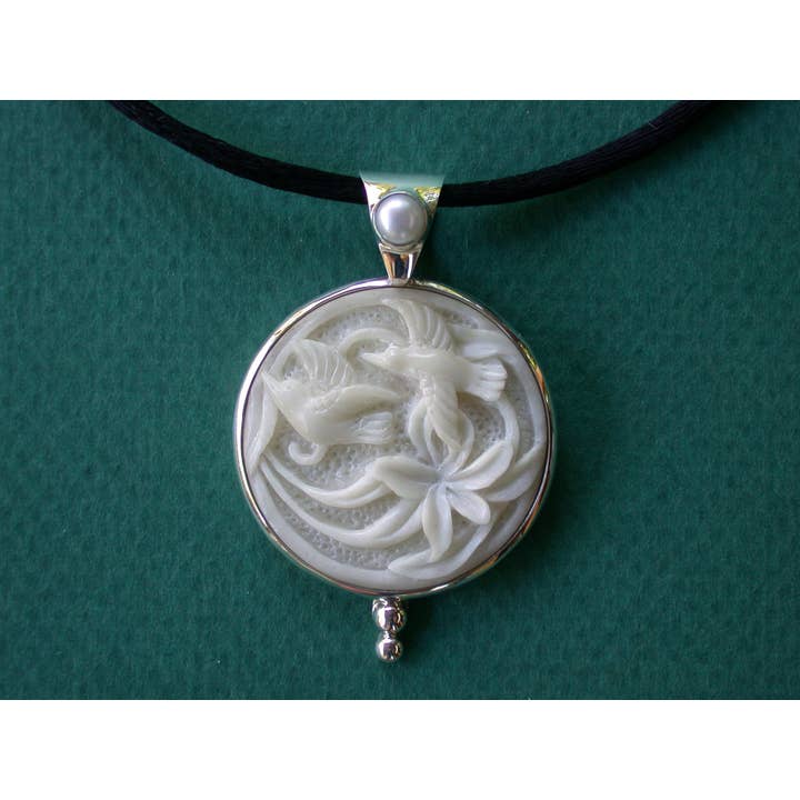 Tagua nut forest bird and pearl sterling silver pendant for wholesale by Tidepool