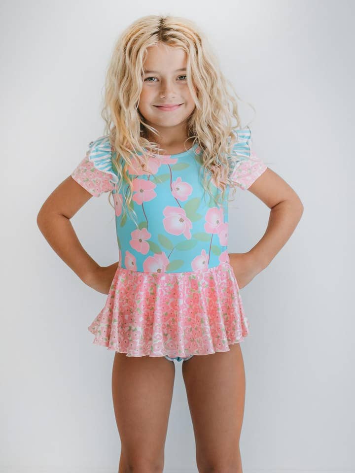 Oopsie Daisy - Wholesale Leotard - Kids - Kids Pink & Blue Blossom Floral Dance Tumble Skirted Leotard
