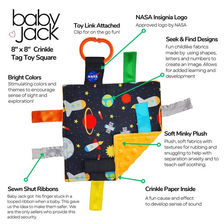 Baby Jack and Company - Wholesale Crinkle Tag Toy - Baby - Space Moon Stars Planets & Rockets NASA Crinkle Toy 8"x 8"4