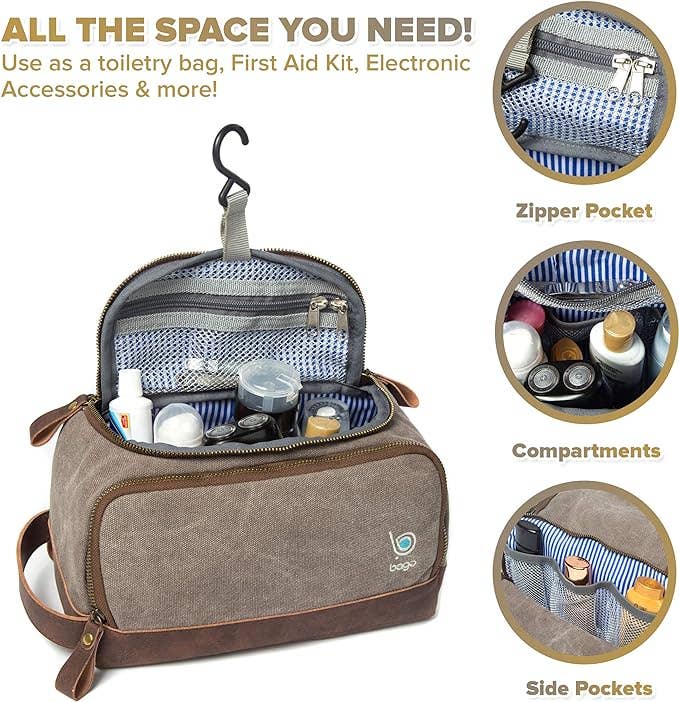 Crover - Wholesale Toiletry Bag - Unisex - Canvas Toiletry Bag with Hanging Hook & Faux Leather Trim3