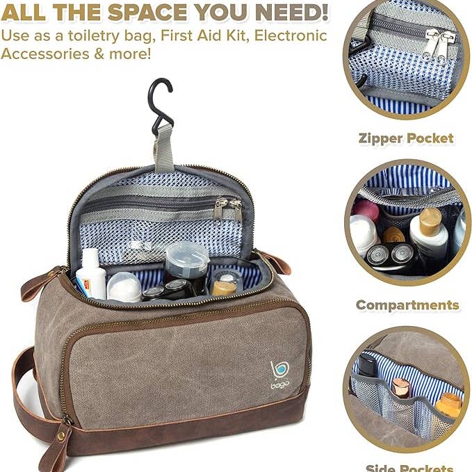 Crover - Wholesale Toiletry Bag - Unisex - Canvas Toiletry Bag with Hanging Hook & Faux Leather Trim3