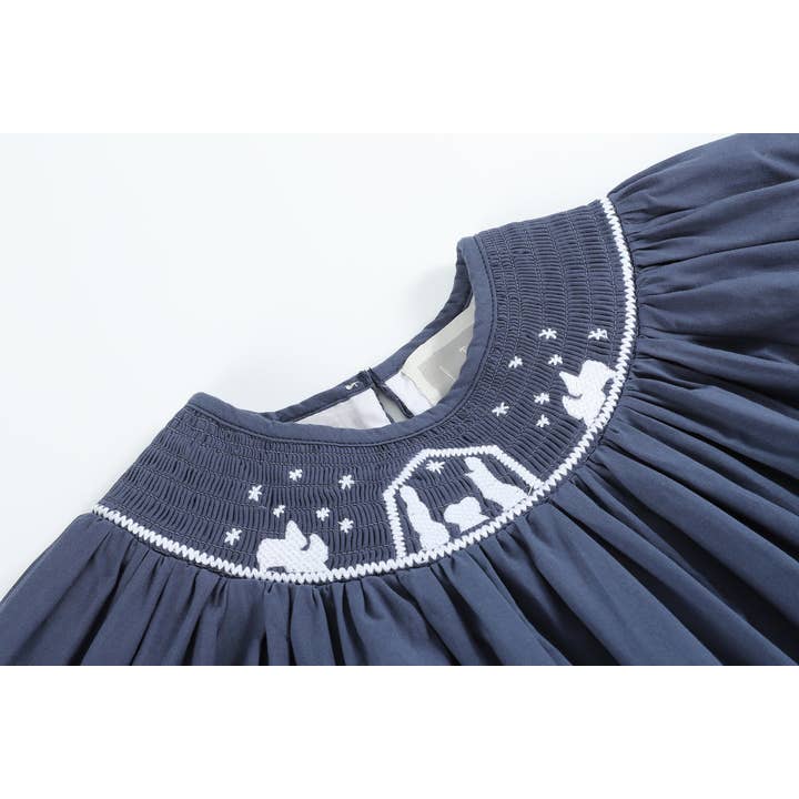 Lil Cactus - Wholesale Dress - Kids - Navy Blue Nativity Long Sleeve Smocked Bishop Dress4