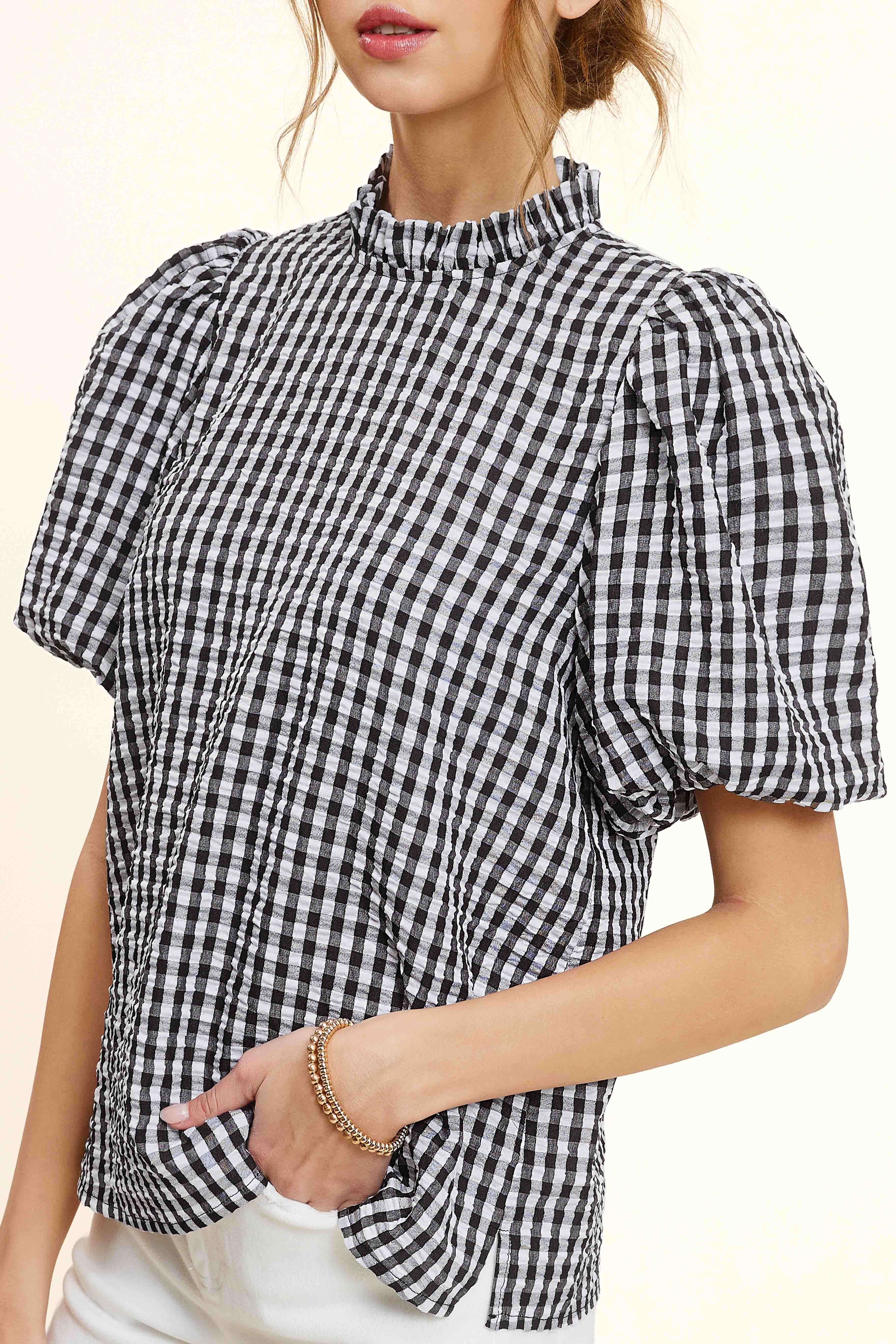 La Miel - Wholesale Blouse - Women's - HCT7697-Gingham Check Print Lovely Puff Short Sleeve Top16