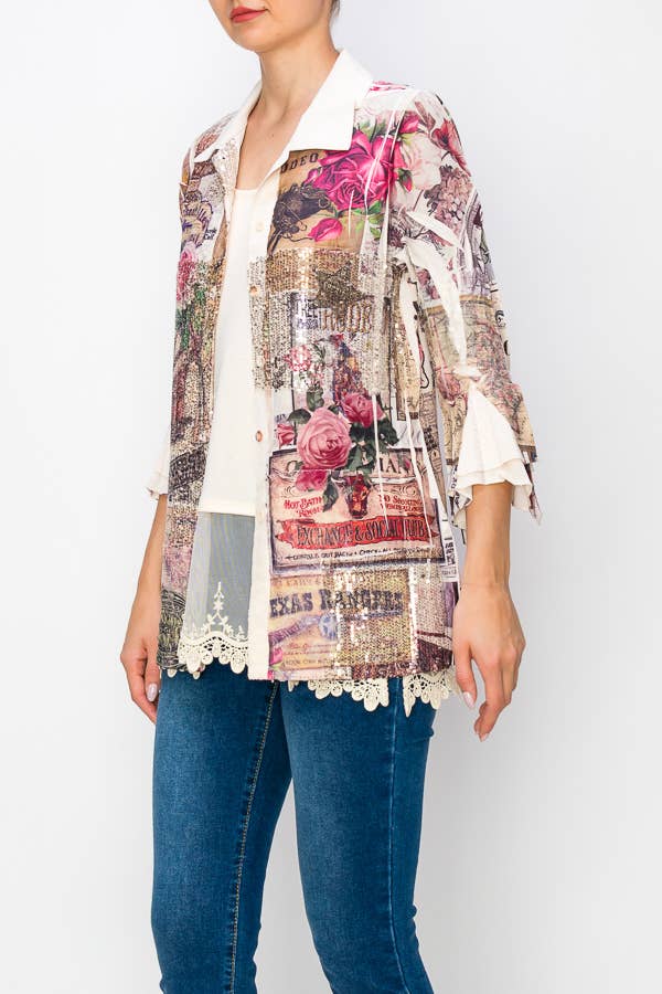 Lightweight Sequin and Lace Detailed Button-Up Blouse - 4718 BG/ROSE WEST for wholesale on Faire2