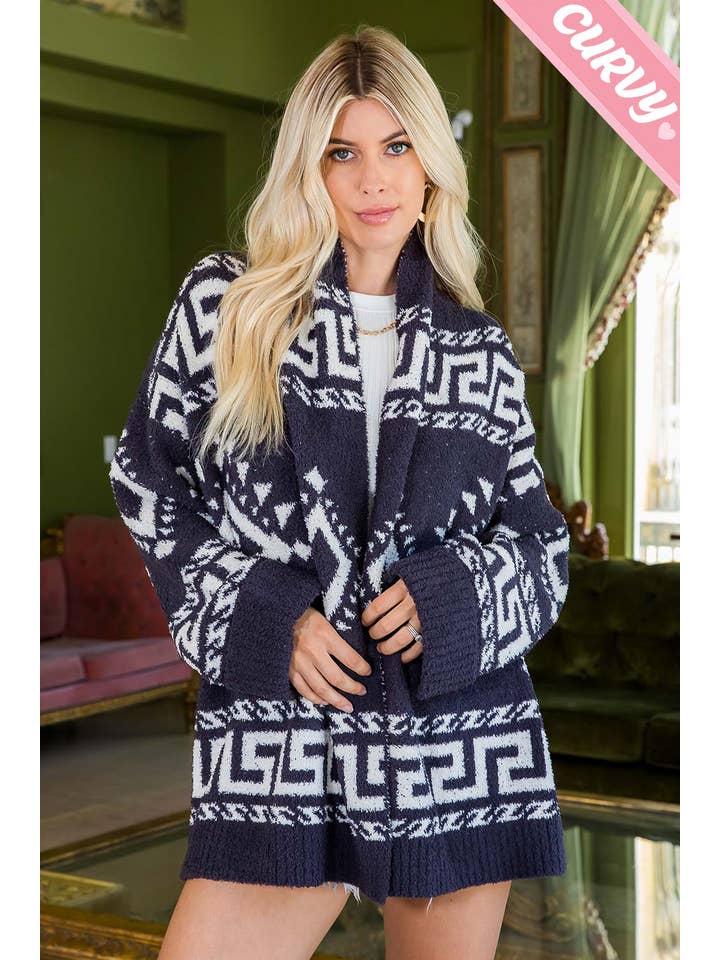 Sweet Lovely by Jen - Wholesale Cardigan - Women's - PLUS SIZE AZTEC PRINT SUPER SOFT COZY SWEATER KNIT CARDIGAN
