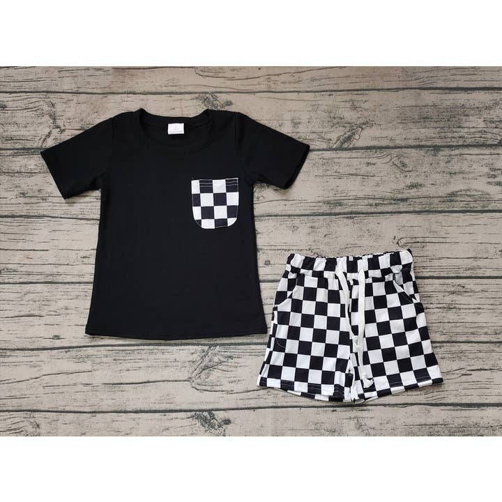 Aier Wholesale - Wholesale Top & Short Set - Kids - Baby Boys Black Shirt Top Checkered Shorts Clothes Sets