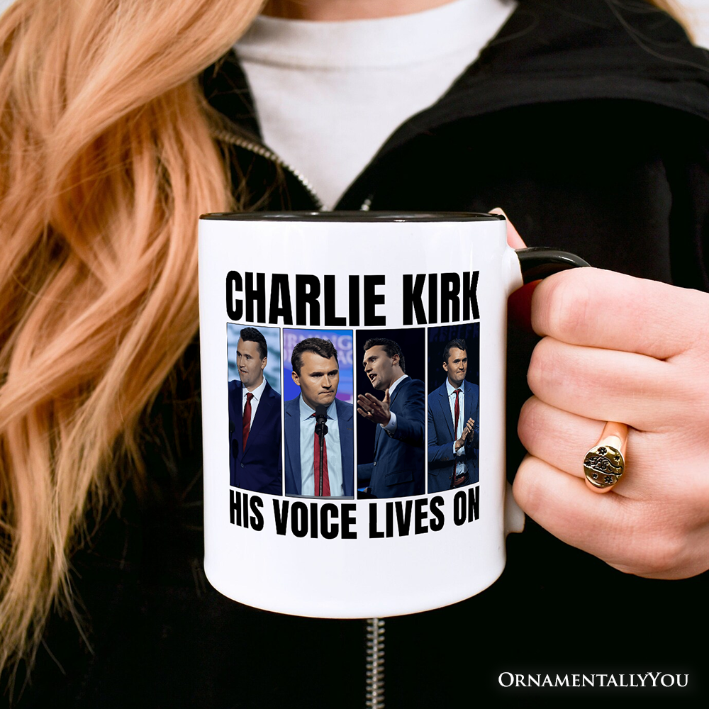 OrnamentallyYou - Vente Tasse à café - Sa voix perdure Tasse graphique Charlie Kirk, patriotique2