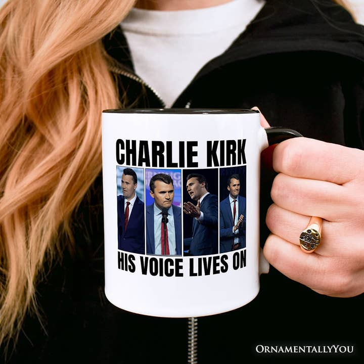 OrnamentallyYou – Engroshandel Kaffekrus – Hans stemme lever videre Charlie Kirk grafisk krus, patriotisk2