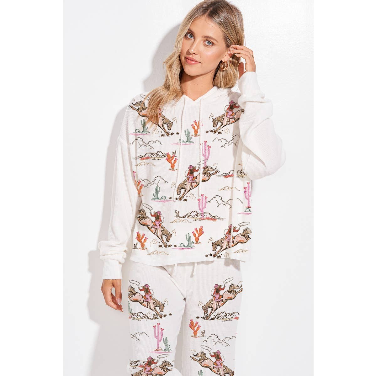 Phil Love - Wholesale Lounge Set - Women's - Desert Cowgirl Print Rib Hoodie Loungewear Set 7