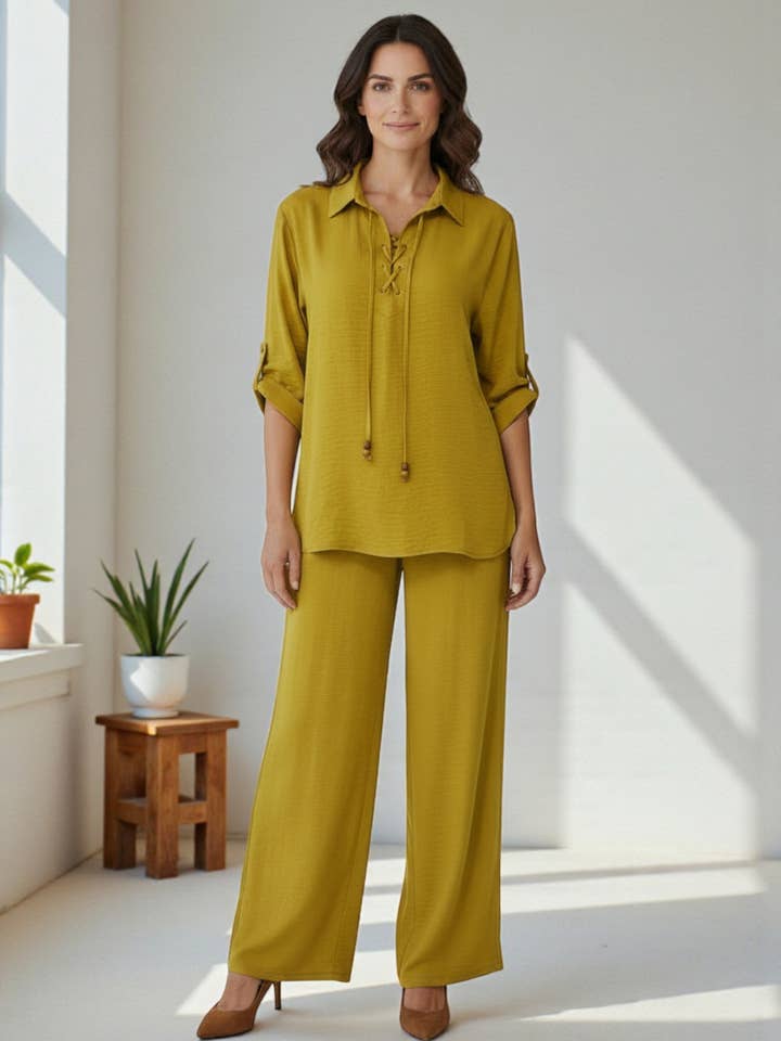 25613-R Lace-Up Relaxed Blouse & Wide-Leg Pant Set for wholesale by H&H Fashion Inc.