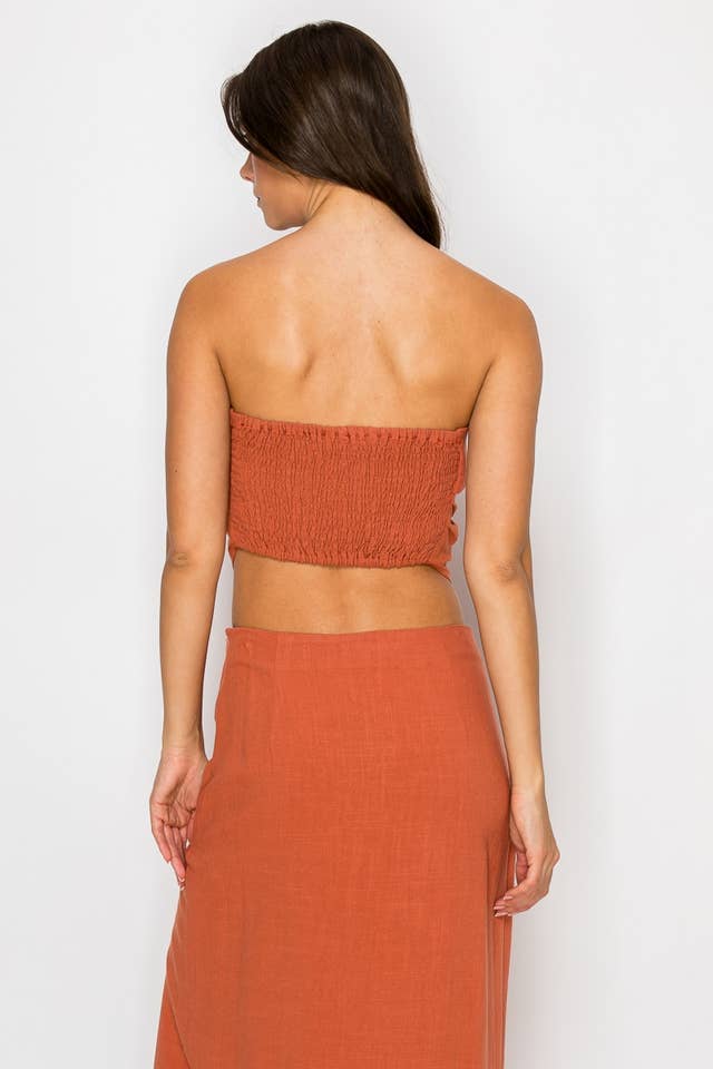 RUST TT6721 LINEN BLEND FOLDED TUBE TOP WITH BACK SMOCKING for wholesale on Faire