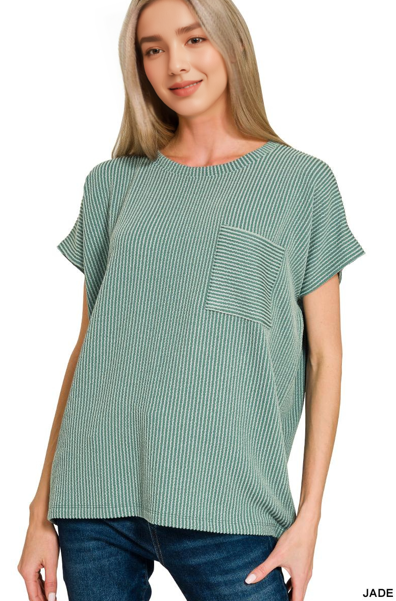 42POPS - Wholesale Knit Top - Women's - ....0902 Raised Rib Front Pocket Boxy Top SI-287137