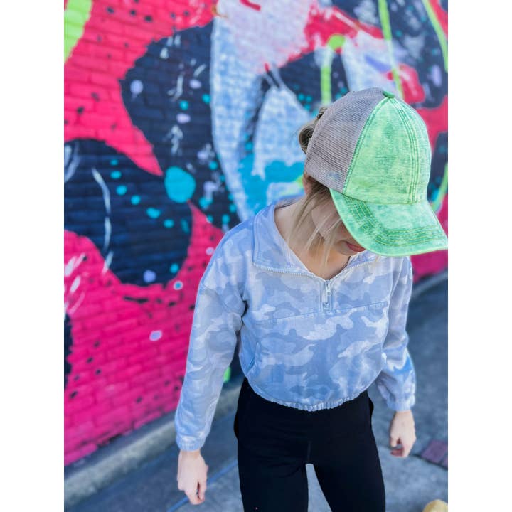 Stonewashed Denim Mesh Criss Cross High Pony C.C Ball Cap BT for wholesale by C.C Beanie