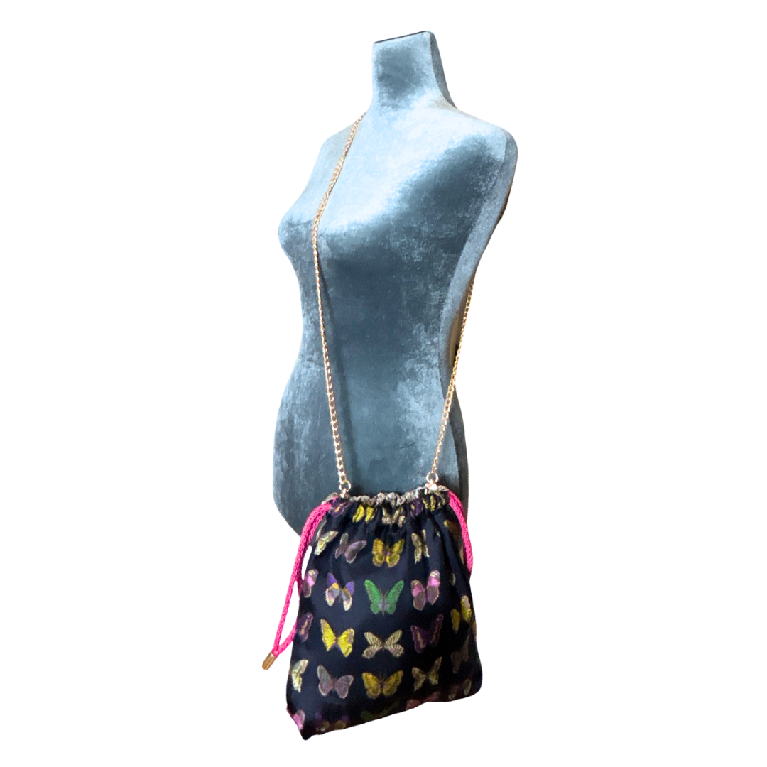 Vintage Luxe Up - Wholesale Crossbody Bag - Women's - Farfalle Blue Vintage Scarf Drawstring Crossbody Bag4