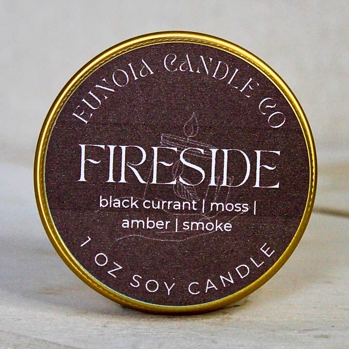 Vela de Soja Fireside | Vela de 1 oz em Lata Dourada por atacado de Eunoia Candle Co.