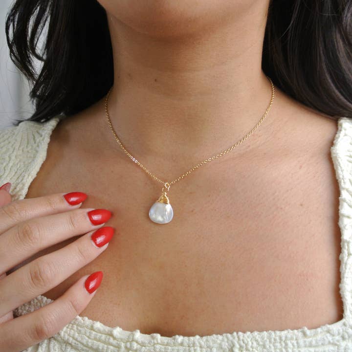 Mother Of Pearl Wrapped Teardrop Necklace for wholesale by Edgy Petal Jewelry