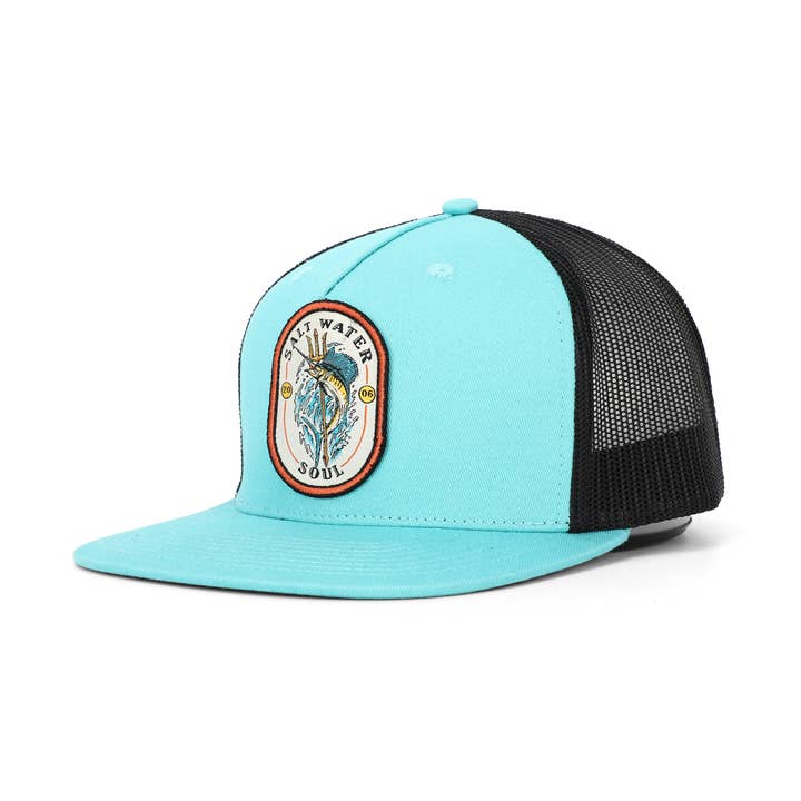 Casquette à bouton-pression Marlin Trident Aqua Trucker en maille pour la vente par SALT WATER SOUL
