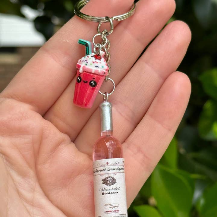 Arcfo Jewelry - Wholesale Keychain - Unisex - Mini Pink Wine Bottle Keychain with Cup and Dessert Charms